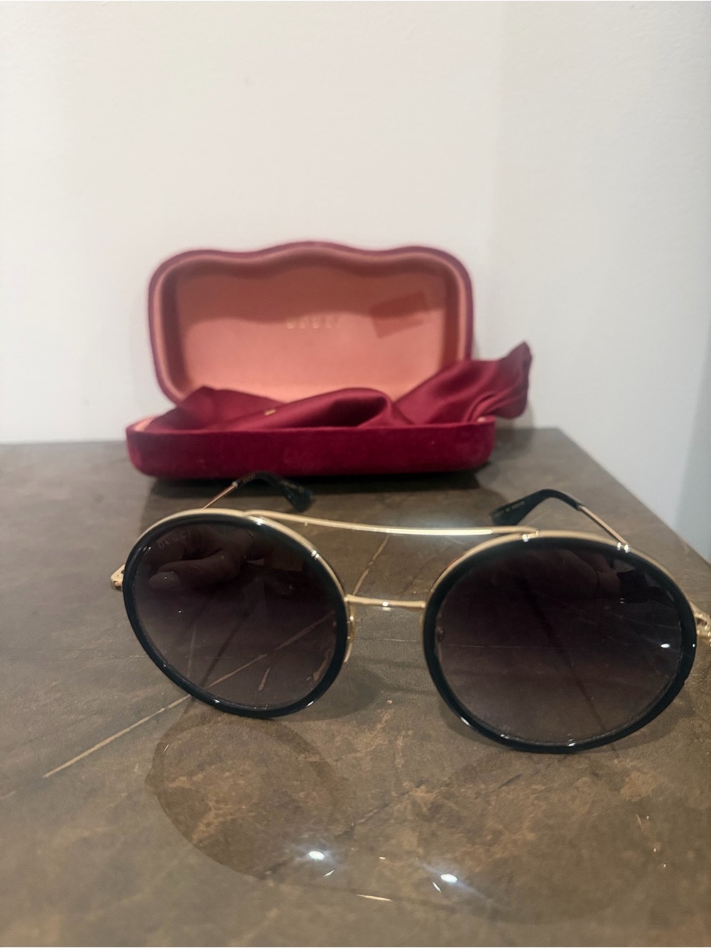 Gucci Gold Metal Round Sunglasses with Black Gradient Lenses